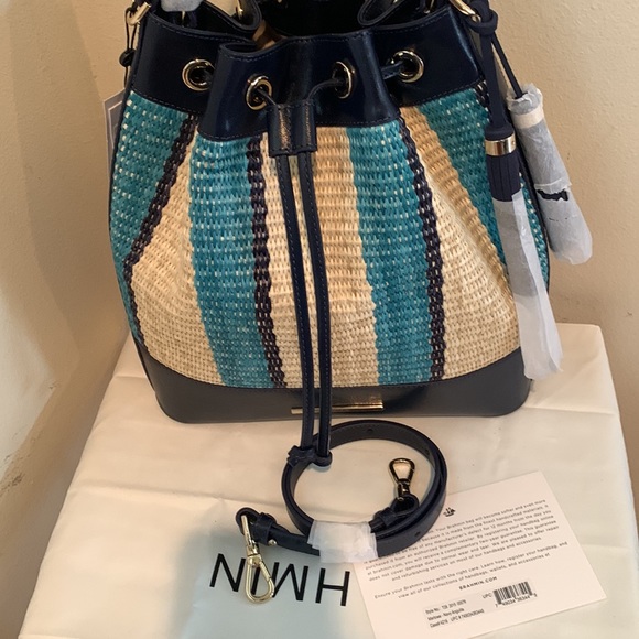 Anguilla Collection Marlowe Striped Drawstring Straw Bucket Shoulder - Picture 13 of 16